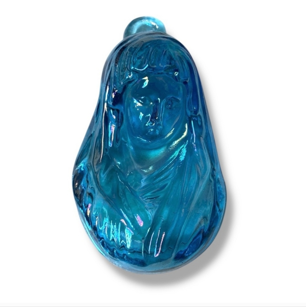 VINTAGE Blue Iridescent Carnival Glass Virgin Mary Wall Hanging Plaque